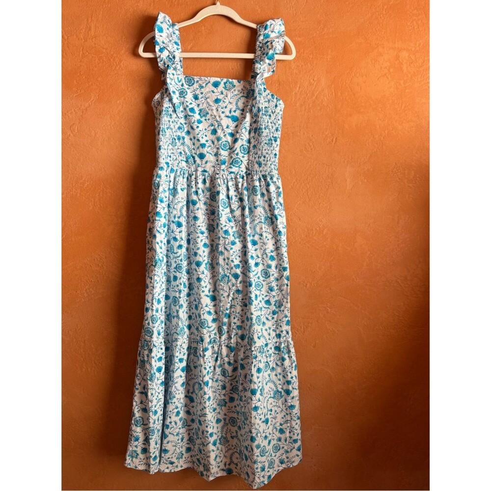 Draper James Blue & White Floral Smocked Midi Dress Size Medium Cotton
